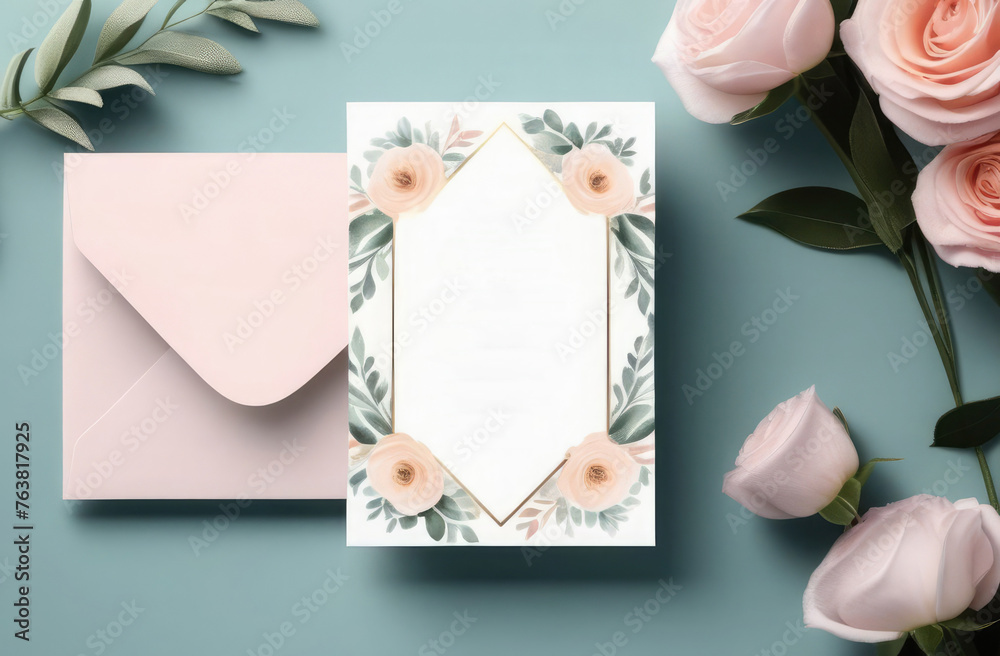 Obraz premium Wedding invitation card. Blank card mockup on pastel background