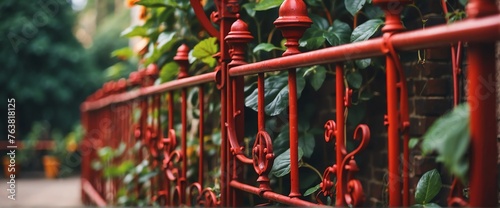 A red wrought iron fence on the side of the garden from Generative AI