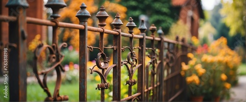 A rusty wrought iron fence on the side of the garden from Generative AI photo