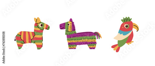 Fototapeta Naklejka Na Ścianę i Meble -  Mexican horse pinata set and parrot for party in flat style. Vector illustration can used for birthday pinata party card, cinco de mayo background, greeting cards, banners, labels.