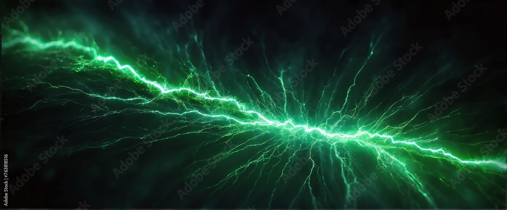 Green pure energy with electrical electricity plasma power fusion on plain black background from Generative AI - obrazy, fototapety, plakaty 