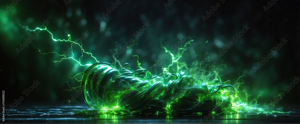Green pure energy with electrical electricity plasma power fusion on plain black background from Generative AI - obrazy, fototapety, plakaty 