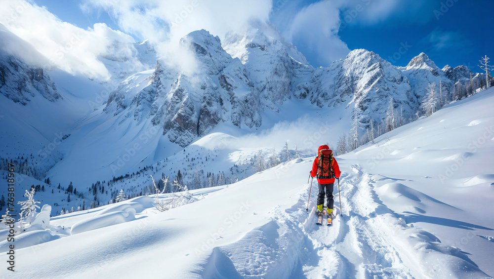 A crisp, wintry landscape showcasing a snow-covered massif, with skiers descending trails, embodying adventure and thrill