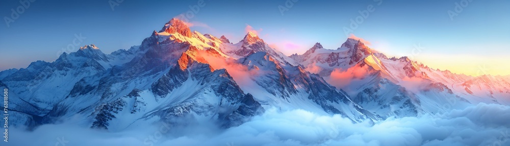 An enchanting twilight scene over a rugged mountain range, with the last light of day casting golden hues on the peaks