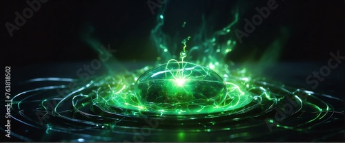 Green pure energy with electrical electricity plasma power fusion on plain black background from Generative AI photo