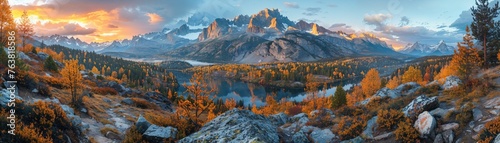 An enchanting twilight scene over a rugged mountain range, with the last light of day casting golden hues on the peaks