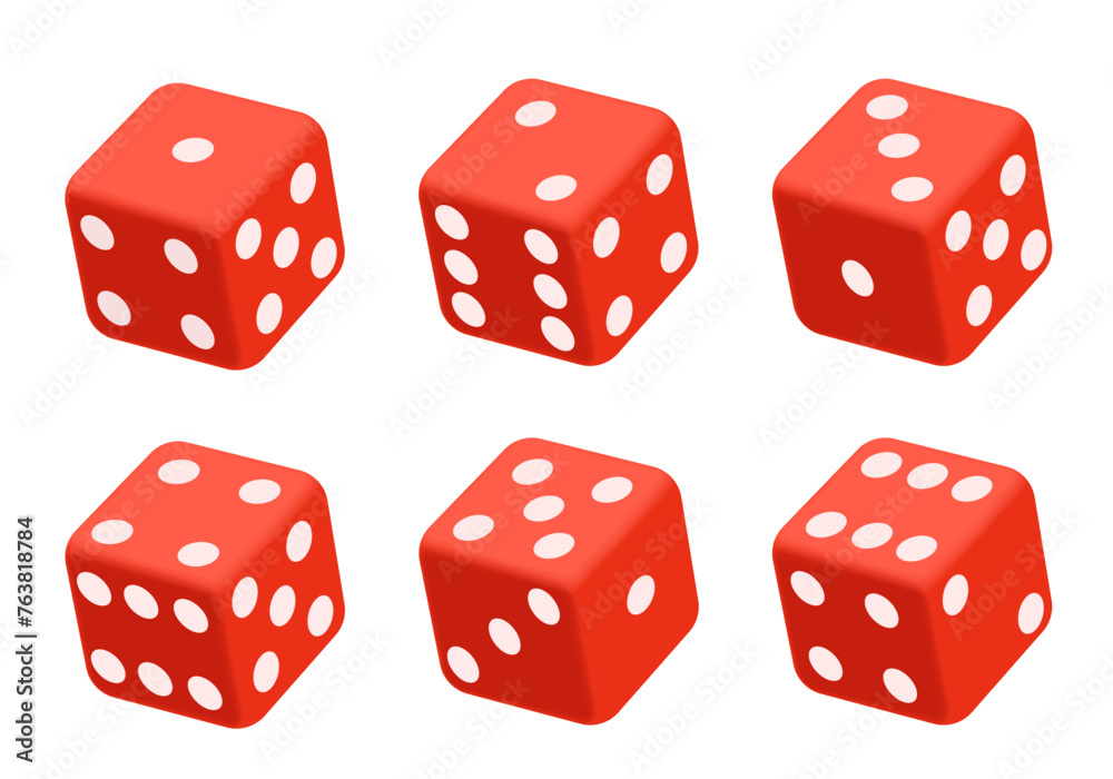 Red dice with white dots. Vector set isolated on white background. 3d dice. Red dice with white dots. Vector set isolated on white background. 3d dice.