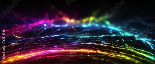 Rainbow pure energy with electrical electricity plasma power fusion on plain black background from Generative AI