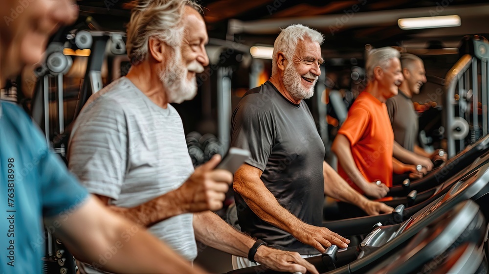 Elderly men enjoying a cardio workout on treadmills. - obrazy, fototapety, plakaty 