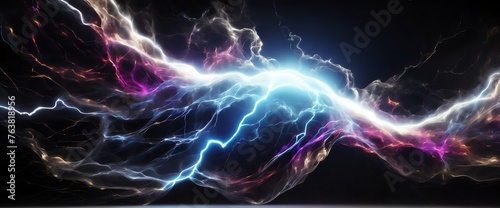 White pure energy with electrical electricity plasma power fusion on plain black background from Generative AI