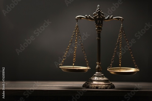 Law Scale on Table. Lawyer in Courtroom with Law Scales on Black Background. Symbol of Justice and Legal System