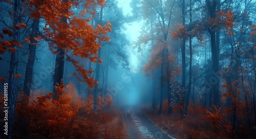 Mystical Forest in Autumn Mist. Enchanted Trees with Fall Foliage in Dreamy Atmosphere. Blue Haze Scenery on Misty Path. Nature Background for Peaceful Mind