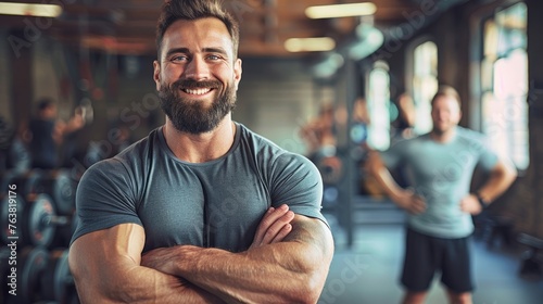 Confident male fitness trainer in a gym environment.