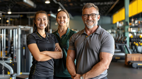 Group of fitness trainers posing in a gym.