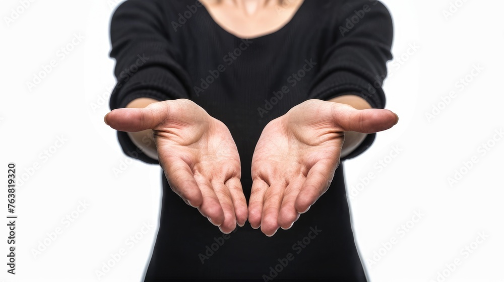 Palms Up Businesswoman Promoting with Empty Blank Space for Advertising Between Choice Gestures Isolated on White Background Palms Up Businesswoman Promoting with Empty Blank Space for Advertising Between Choice Gestures Isolated on White Background