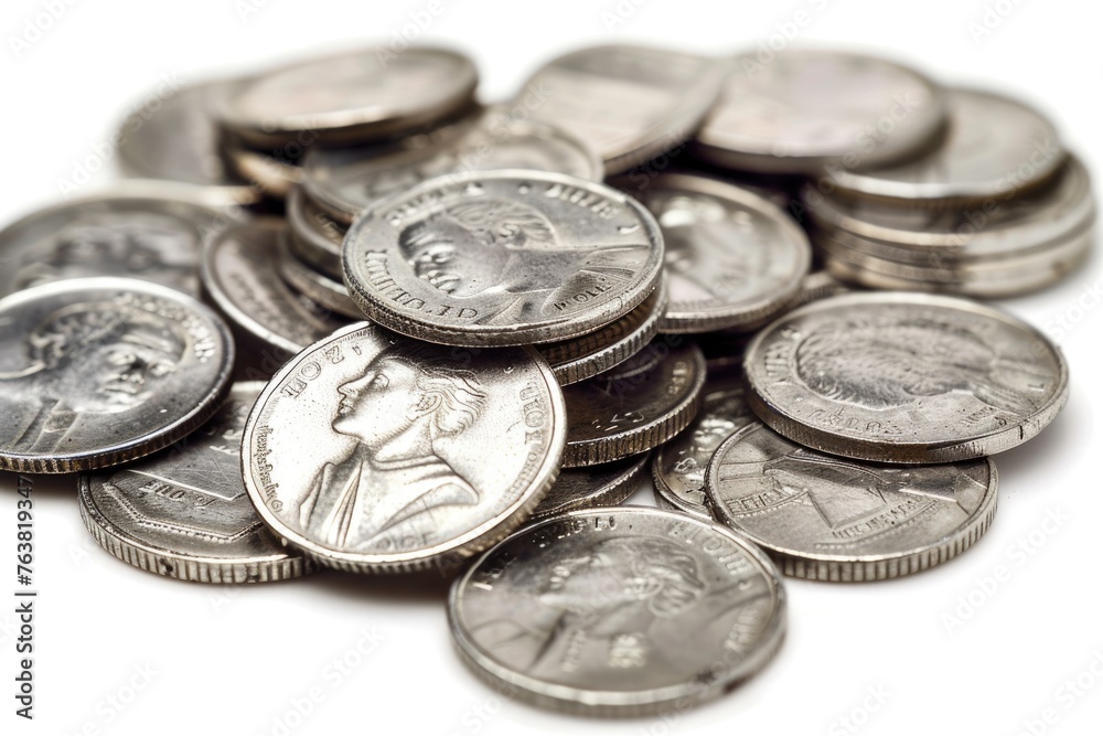 Pile of Dimes - Stack of Shiny Coins Isolated on White Background for Finance and Business Concept Pile of Dimes - Stack of Shiny Coins Isolated on White Background for Finance and Business Concept
