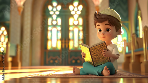 3d cartoon a muslim boy sitting and reading Quran  photo