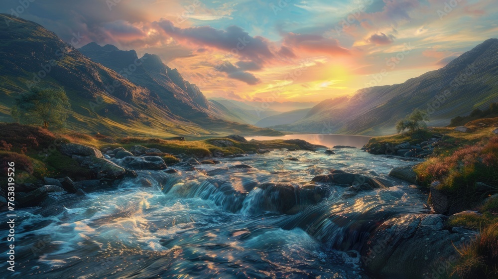 Scenic Mountains and River Landscape in Wales with a Beautiful Sunset View and Clouds in Blue Sky - obrazy, fototapety, plakaty 