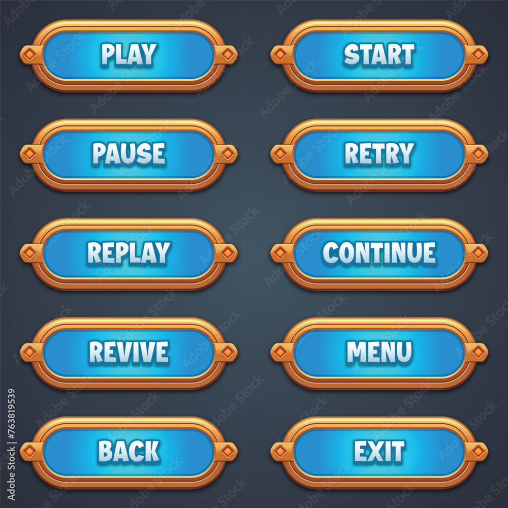 A set of blue game interface buttons with various commands for gameplay, perfect for game design A set of blue game interface buttons with various commands for gameplay, perfect for game design