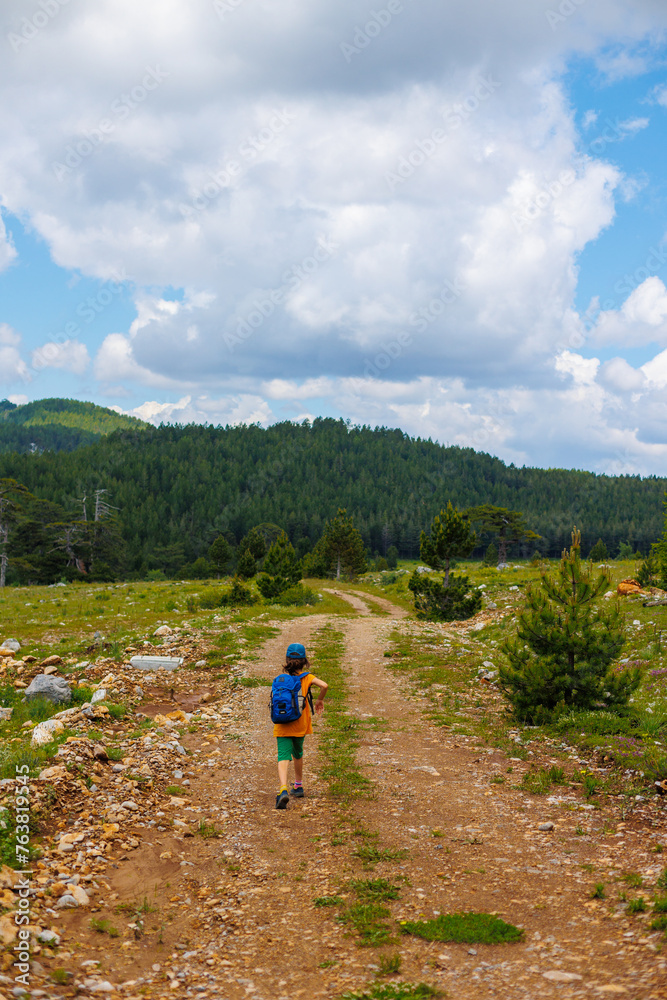 Traveling child. a tourist with a backpack walks along a mountain road. hiking and active healthy lifestyle.