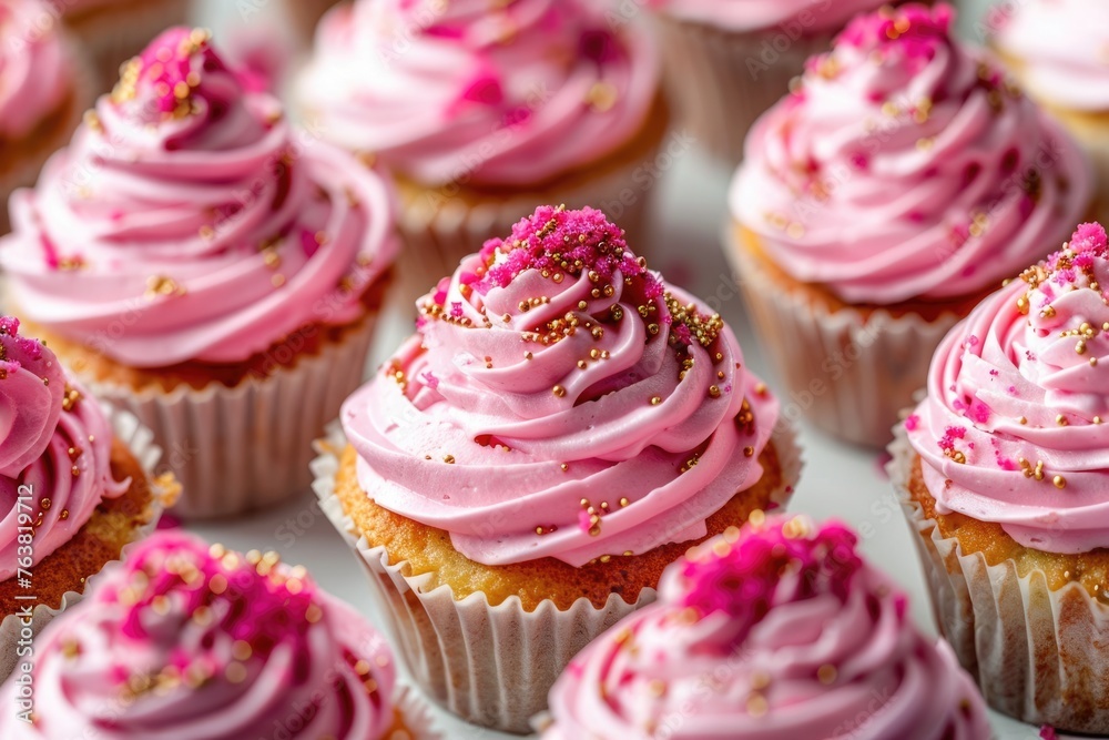 Tasty Pink Cupcakes - Delicious and Appetising Pastry on White Background with Edible Texture