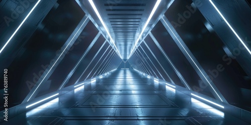 Three-Dimensional Abstract Architecture: Dark Future Interior Design with Futuristic Triangle Spaceship Corridor, Light, and Fi Sci-Fi Science Concept. 3D Rendering