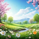 Painting of a beautiful landscape with a river and flowers generative ai