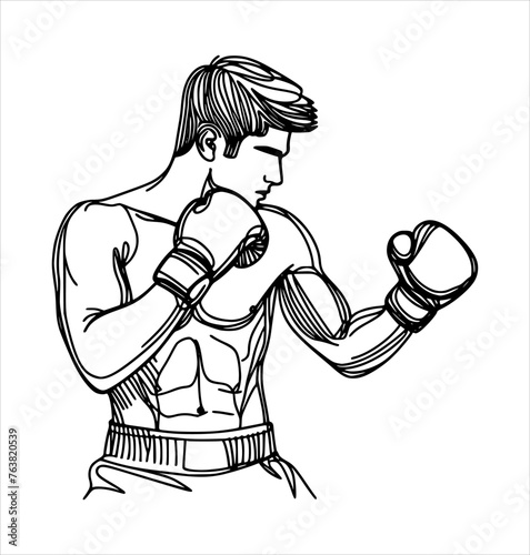 silhouette of a boxing athlete in ready position - line hand drawing (artwork 2)