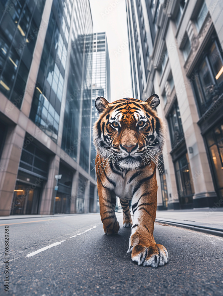 Tigre caminando por una carretera entre edificios modernos - obrazy, fototapety, plakaty 