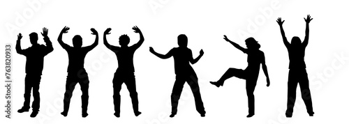 Silhouette group of people happily dancing in party wearing fashionable outfit