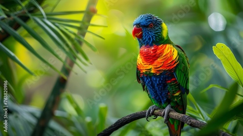 Cute colorful bird. Green nature background.