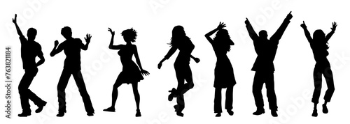 Silhouette group of people happily dancing in party wearing fashionable outfit