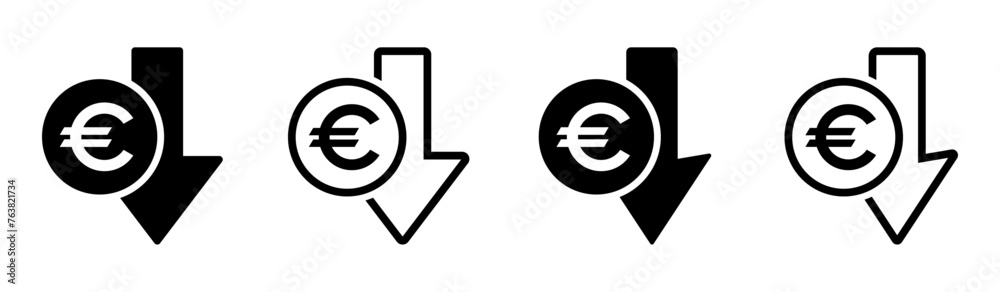 Cost reduction. Euro decrease flat vector icon designs set - obrazy, fototapety, plakaty 