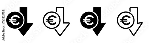 Cost reduction. Euro decrease flat vector icon designs set