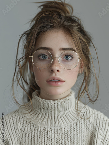 Realistic portrait of a young woman with windswept hair and glasses, exhibiting a raw and natural allure