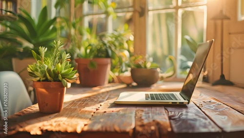 Variety of succulent plants on a sunny office desk with a laptop and notebook. Productive workspace concept with natural elements for poster, banner. photo