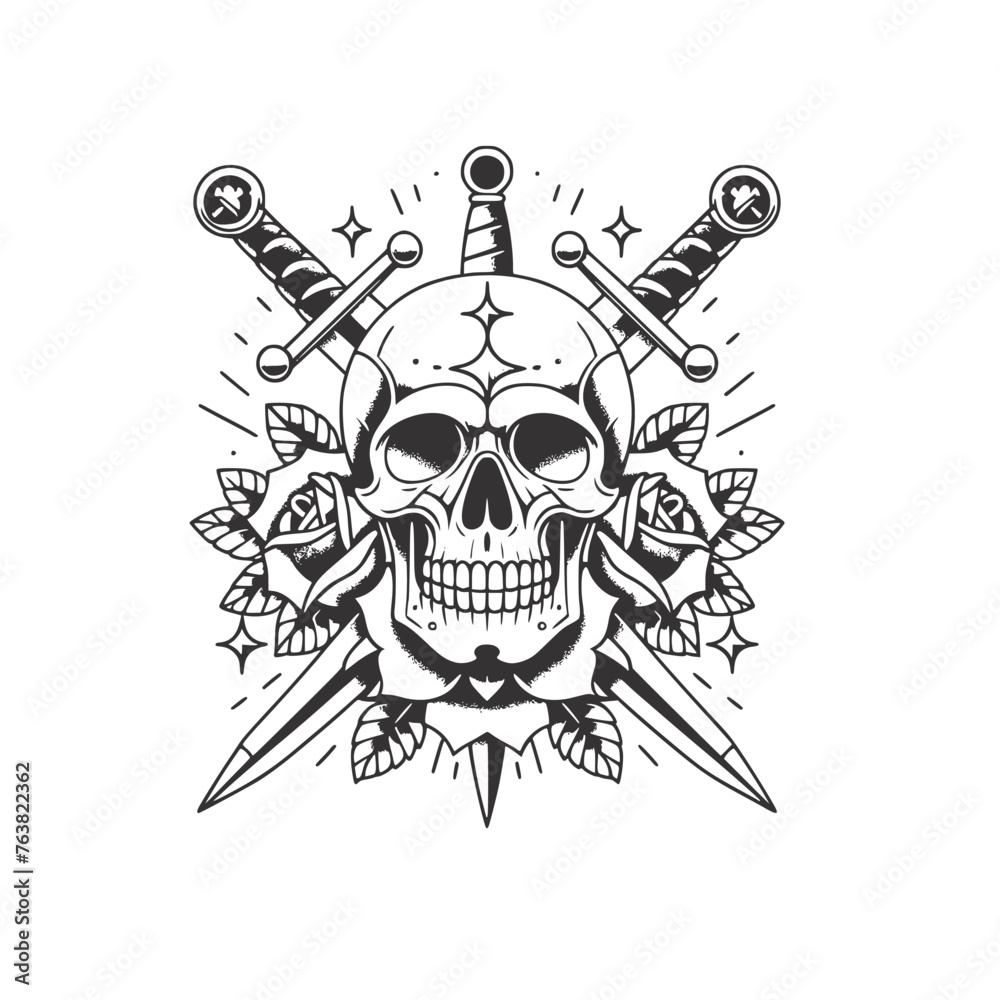 Striking Skull and Swords Vector Illustration with Rose Detail for ...