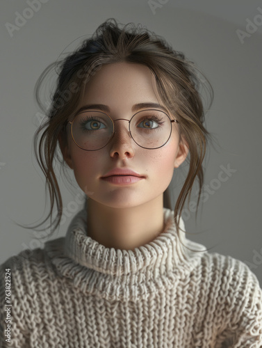 A high-definition portrait of a young woman featuring her freckles, clear eyes, and turtleneck sweater