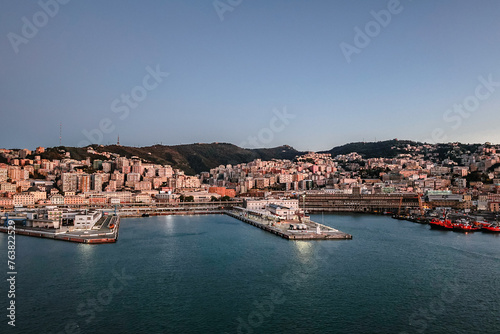 Fototapeta Naklejka Na Ścianę i Meble -  Panoramic view of port of Genoa on Mediterranean coast early morning