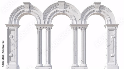 Medieval-style white marble arch and pillars, reminiscent of ancient Greek, Roman, and Arabian architecture, leading to an ancient stone entrance.