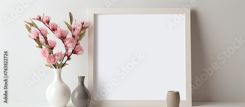 A wooden picture frame is displayed on a table alongside two vases filled with beautiful flowers. The arrangement creates a lovely floral art display