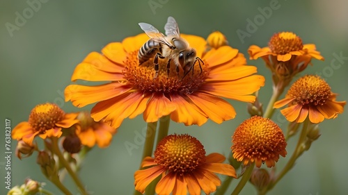 honey bee on blossom  large An apis mellifera bee in close-up on helenium flowers A garden teeming with butterflies and bees buzzing  A honey bee gathering pollen from a yellow bloom in a wild  