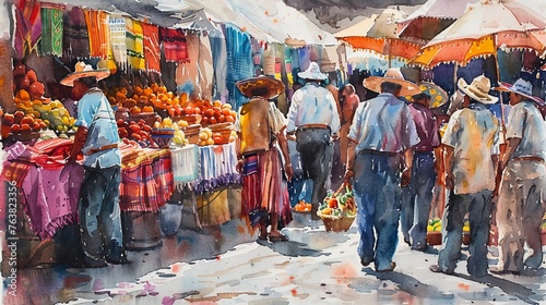 Lively Mexican Market Scene, Watercolor Depiction Of Locals In Traditional Attire, Vibrant Fruit Stands And Textiles, Capturing The Essence Of Daily Life, AI Generated © Tatsiana