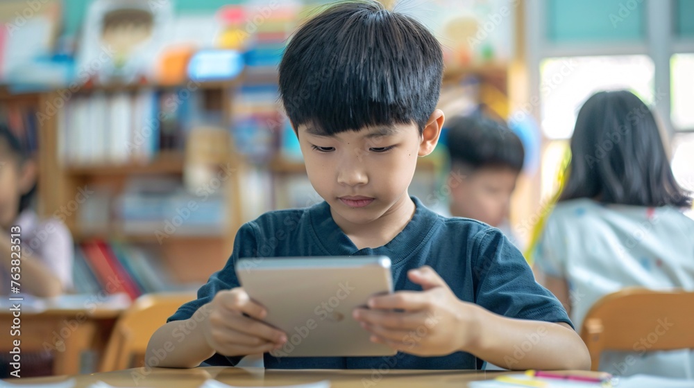 Attentive Asian student using tablet for online learning in computer lesson. Attentive Asian student using tablet for online learning in computer lesson.