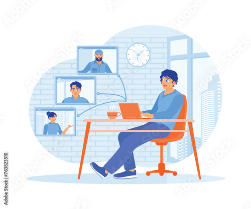 Man having virtual meetings with business colleagues. Chatting with business colleagues on the laptop screen. Video conference concept. Flat vector illustration.