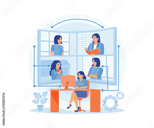 Women hold online meetings with managers and other coworkers. Remote work concept. Video conference concept. Flat vector illustration.