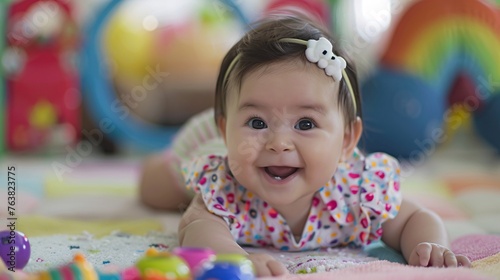 Joyful infant girl engaging in playtime with playthings in play area.