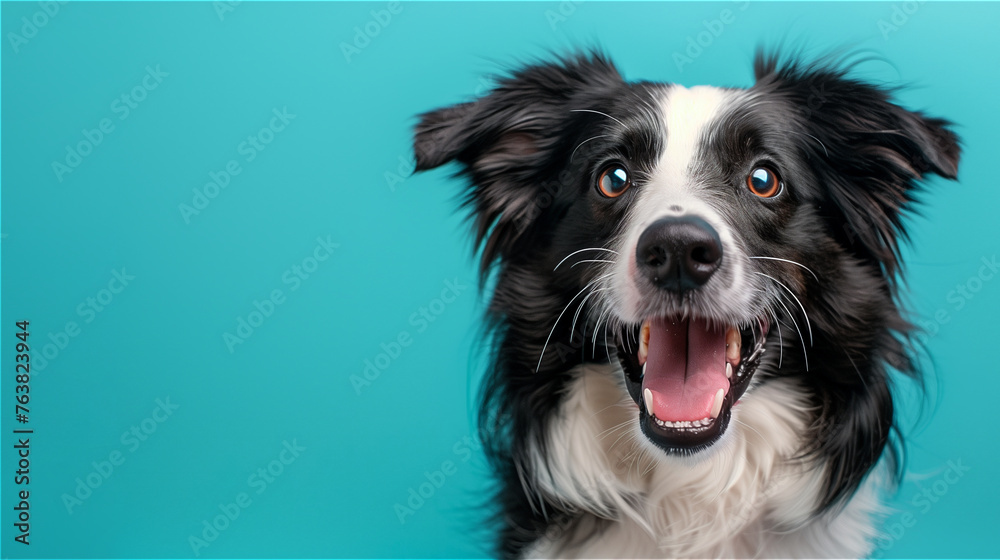 Happy smiling dog on blue background