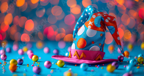 A colorful April Fools Day decoration background with a jester hat, perfect for festive celebrations and playful pranks. photo