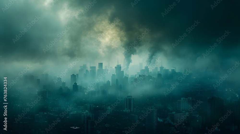 Ominous Cityscape Shrouded in Smog,Signaling Climate Crisis and Call for Urgent Action